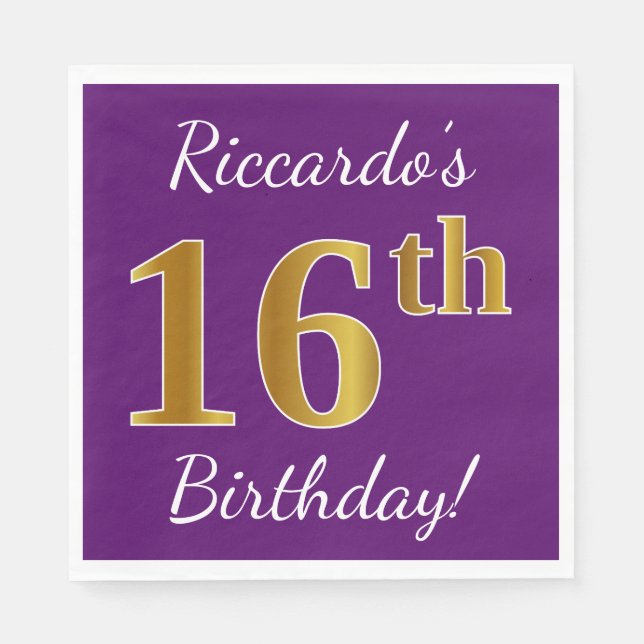 Serviette Jetable Purple, Faux Gold 16e anniversaire + Nom personnal (Devant)