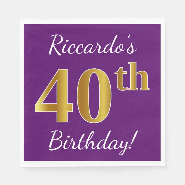 Serviette Jetable Purple, Faux Gold 40e anniversaire + Nom personnal (Devant)