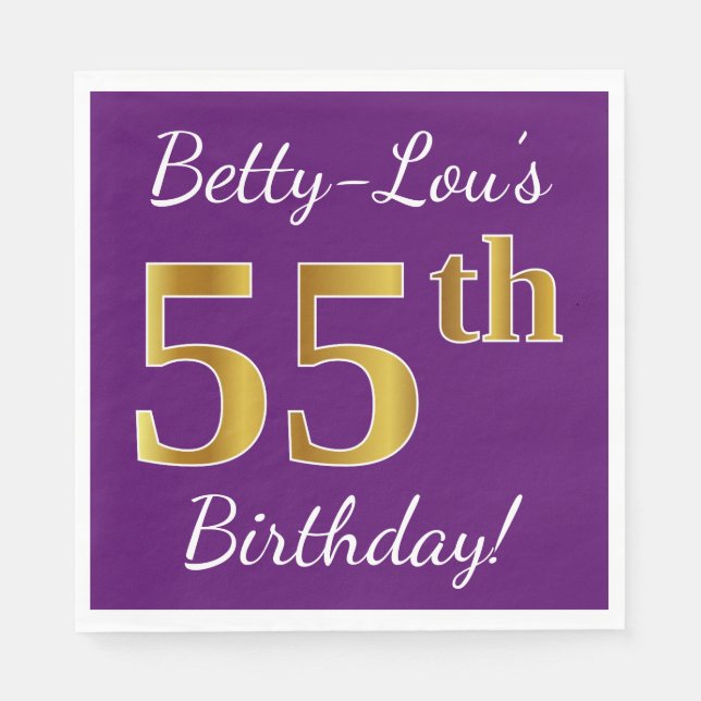 Serviette Jetable Purple, Faux Gold 55e anniversaire + Nom personnal (Devant)