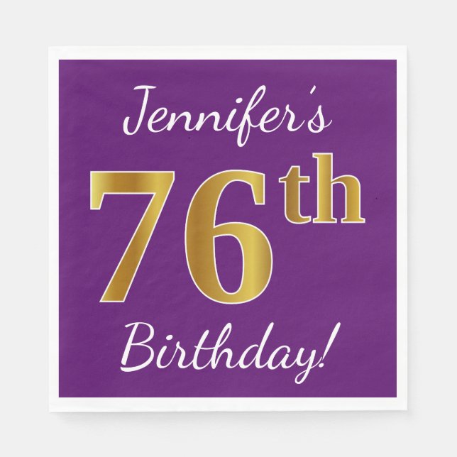 Serviette Jetable Purple, Faux Gold 76e anniversaire + Nom personnal (Devant)