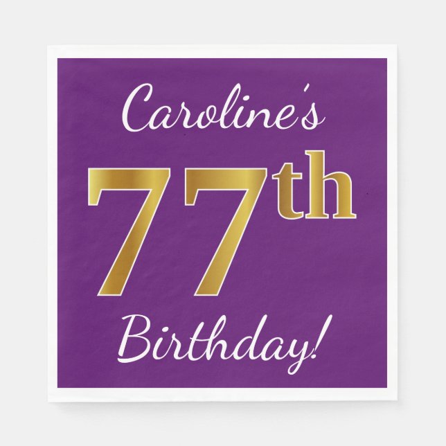 Serviette Jetable Purple, Faux Gold 77e anniversaire + Nom personnal (Devant)