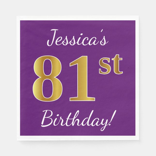 Serviette Jetable Purple, Faux Gold 81ème anniversaire + Nom personn (Devant)