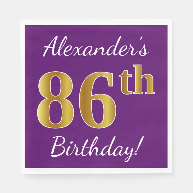 Serviette Jetable Purple, Faux Gold 86e anniversaire + Nom personnal (Devant)