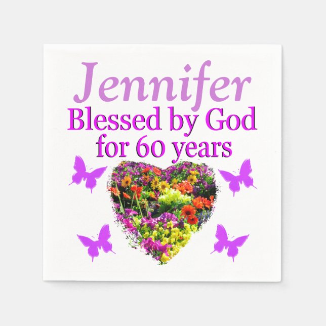 SERVIETTE JETABLE PURPLE PERSONNALISÉ FLORAL 60E ANNIVERSAIRE NAPKIN (Devant)