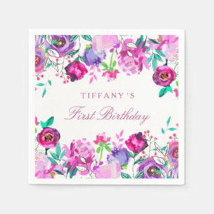 Serviette Jetable Purple rose florale fille 1er anniversaire Napkin