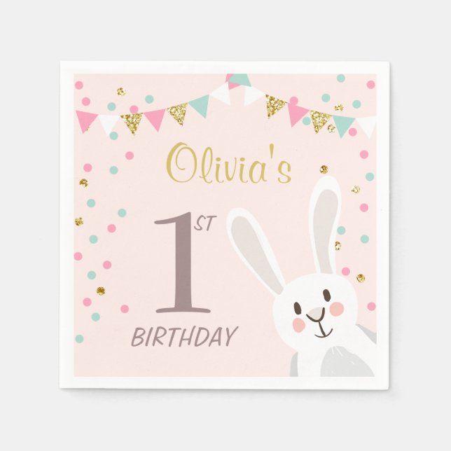 Serviette Jetable Quelques Lapin Papier Anniversaire Napkin Rose Gol (Devant)