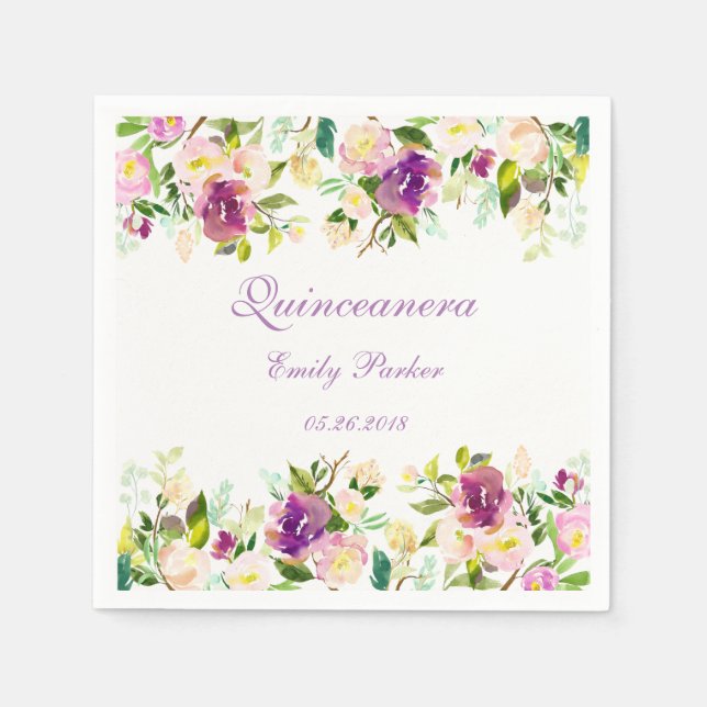 Serviette Jetable Quinceanera Napkin violet floral élégant (Devant)