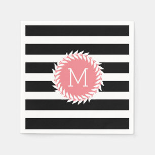 Serviette Jetable Rayures de Monogramed et guirlande noires et