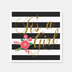 Serviette Jetable Rayures noires et blanches élégantes avec floral