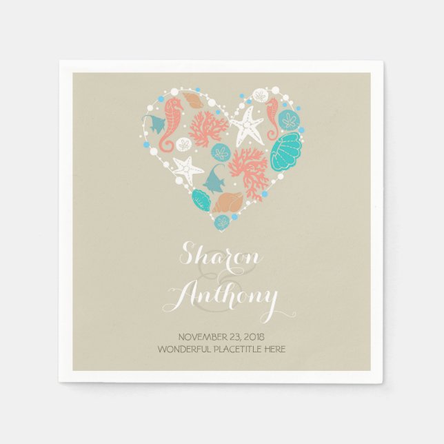 Serviette Jetable Romantique Beach Heart Mariage Papier Napkins (Devant)