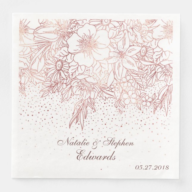 Serviette Jetable Rose doodé floral d'or confetti mariage (Devant)