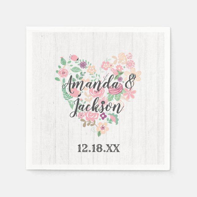 Serviette Jetable Rose floral clair Coeur Mariage moderne Monogramme (Devant)