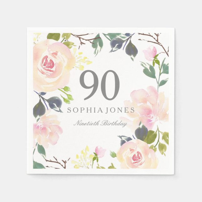 Serviette Jetable Rose rose élégante 90e fête d'anniversaire (Devant)