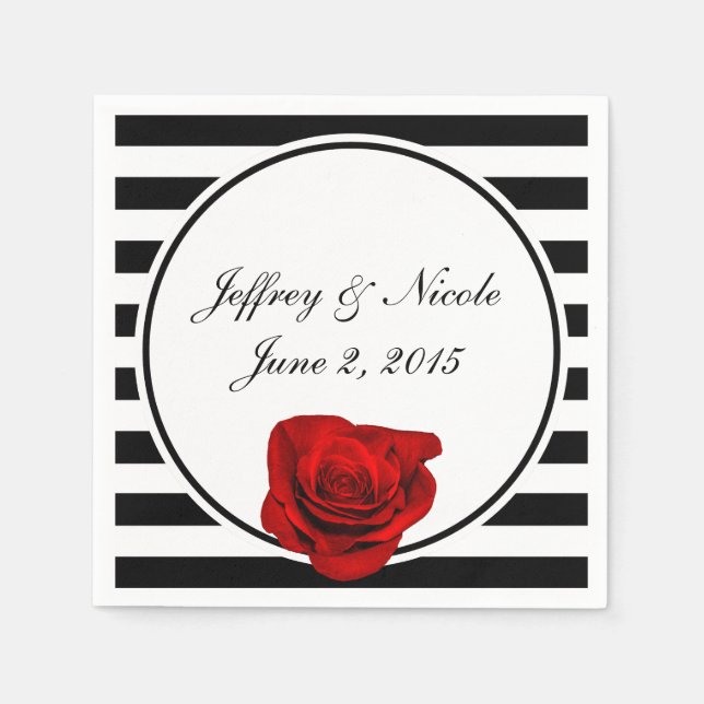 Serviette Jetable Rose rouge sur le Mariage des rayures noir et blan (Devant)