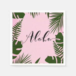 Serviette Jetable Rose Tropical Feuilles Vertes Plage Été Aloha Luau
