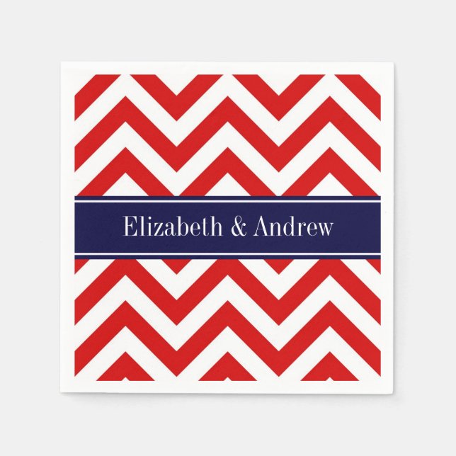 Serviette Jetable Rouge Blanc LG Chevron Marine Nom bleu Monogramme (Devant)