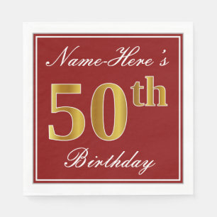 Serviette Jetable Rouge élégant, Faux Gold 50e anniversaire + Nom 