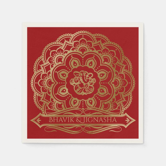 Serviette Jetable Rouge et or Mandala Mariage indien Napkin (Devant)