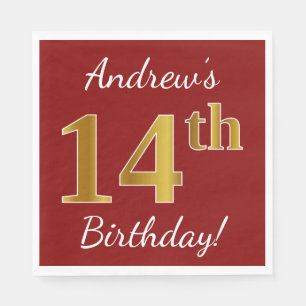 Serviette Jetable Rouge, Faux Gold 14e anniversaire + Nom personnali