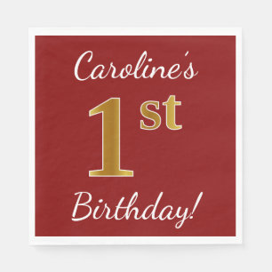 Serviette Jetable Rouge, Faux Gold 1er anniversaire + Nom personnali