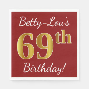 Serviette Jetable Rouge, Faux Gold 69e anniversaire + Nom personnali