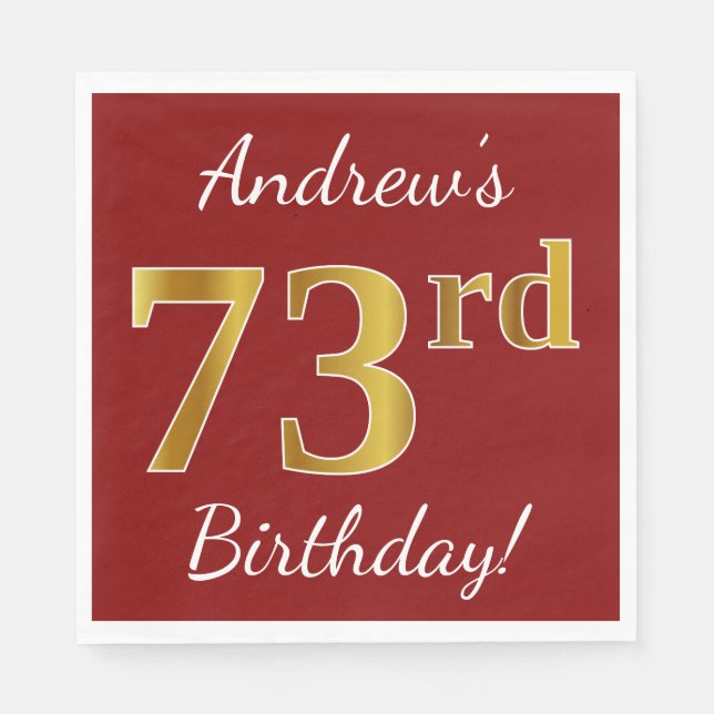 Serviette Jetable Rouge, Faux Gold 73e anniversaire + Nom personnali (Devant)