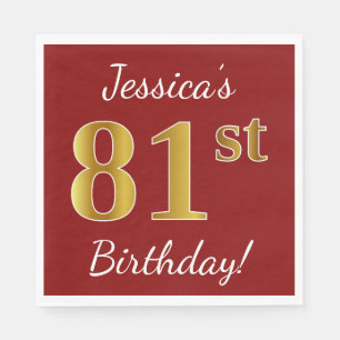 Serviette Jetable Rouge, Faux Gold 81e anniversaire + Nom personnali