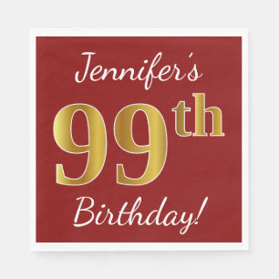 Serviette Jetable Rouge, Faux Gold 99e anniversaire + Nom personnali