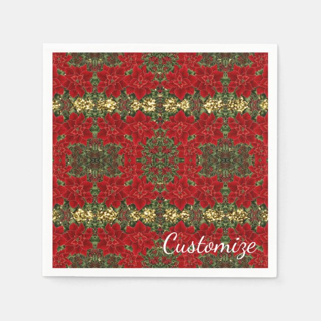 Serviette Jetable Rouge & Or Poinsettia Motif Napkins (Devant)