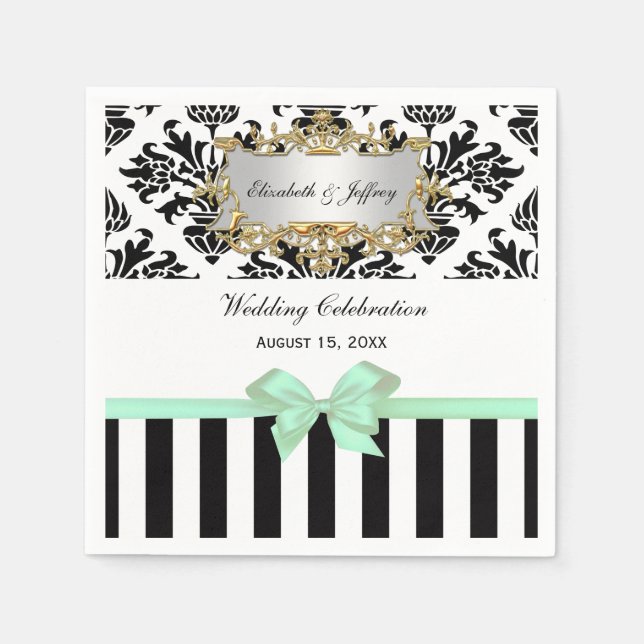 Serviette Jetable Ruban de la Monnaie noire blanche en bande Damask (Devant)