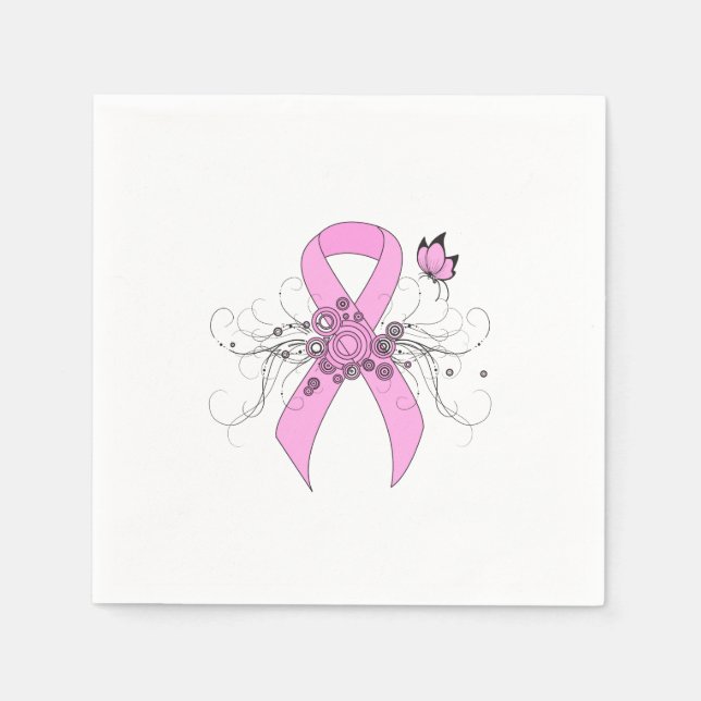 Serviette Jetable Ruban de sensibilisation rose avec papillon (Devant)