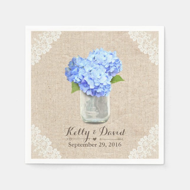 Serviette Jetable Russe Burlap Mason Jar Blue Hydrangea Mariage (Devant)