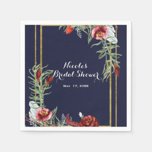 Serviette Jetable Rustique Automne Marsala Floral Bleu Nuit Or Maria