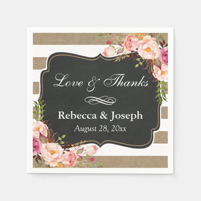 Serviette Jetable Rustique Botanique Floral Burlap Stripes Amour Mer (Devant)