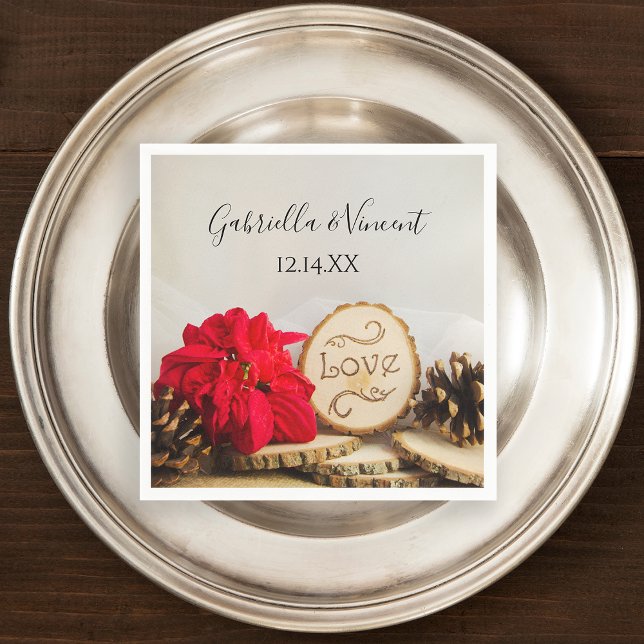 Serviette Jetable Rustique Rouge Poinsettia Bois Mariage d'hiver (Set a festive table with this rustic woodsy napkin.)