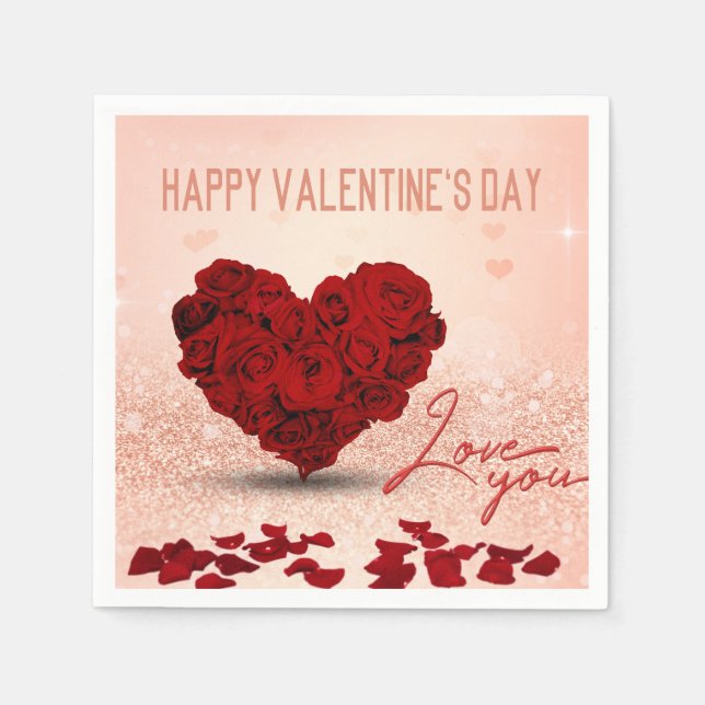 Serviette Jetable Saint Valentin Bouquet de coeur Rose - Papier Napk (Devant)