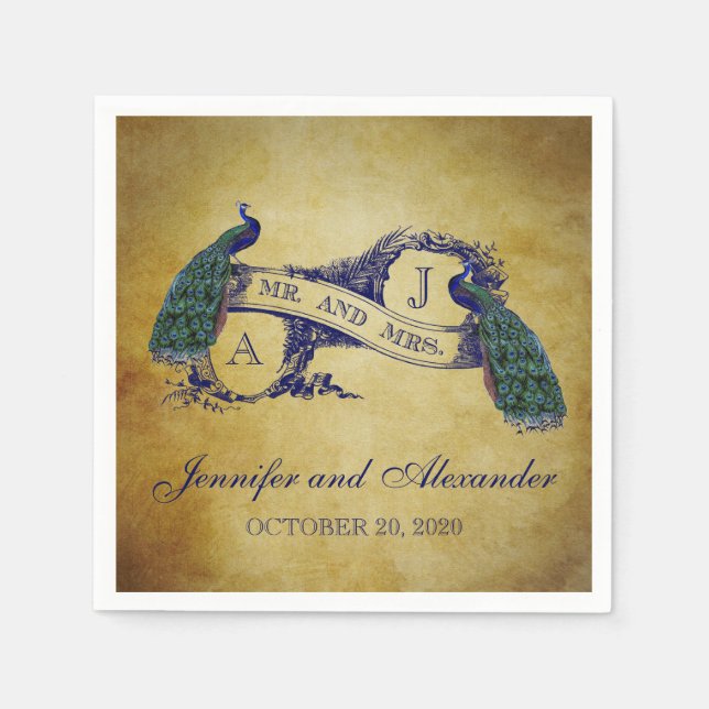 Serviette Jetable Serviettes de papier de mariage rustique de paon (Devant)