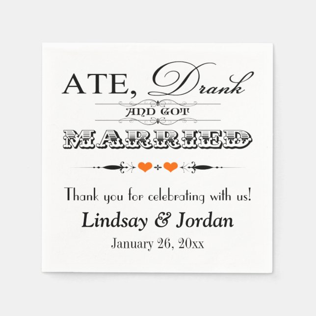 Serviette Jetable Serviettes Mariages Coeurs et manuscrits orange (Devant)