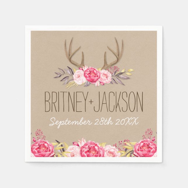 Serviette Jetable Serviettes Rustique Peony et Mariage Deer Antler (Devant)