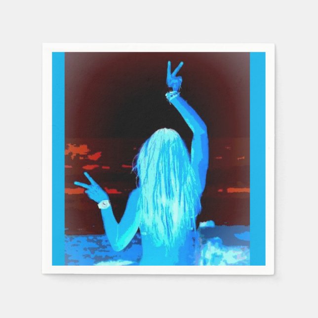 Serviette Jetable signe de paix agitant la fille hippie bleue (Devant)