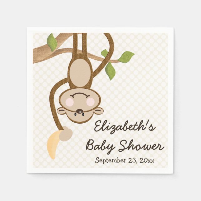Serviette Jetable Singe accroché à l'arbre avec Baby shower à la ban (Devant)