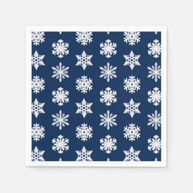 Serviette Jetable Snowflakes Ikat - Blanc et Bleu Marine (Devant)