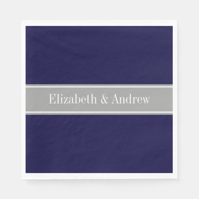 Serviette Jetable Solid Navy Blue, Dark Gray Ribbon Nom Monogram (Devant)
