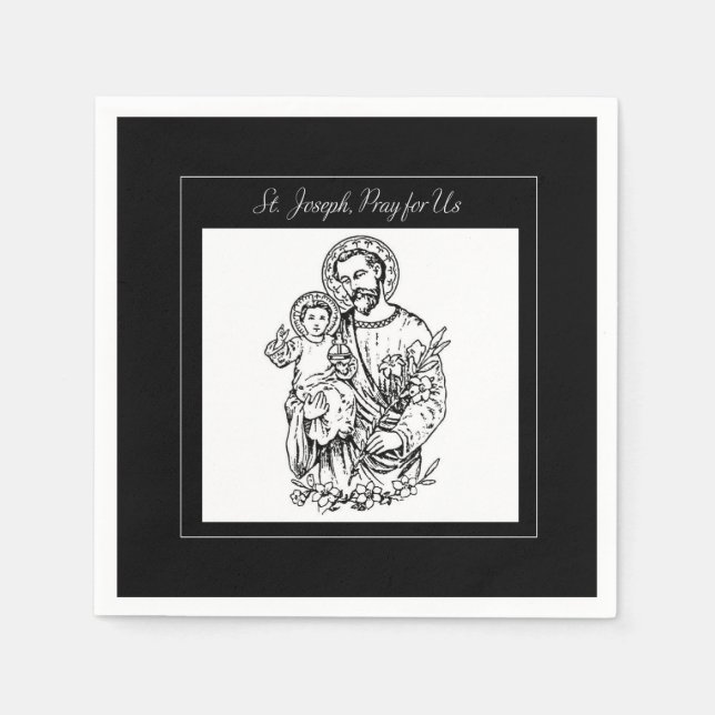 Serviette Jetable St Joseph Priez pour nous Noir, Blanc, Catholique (Devant)