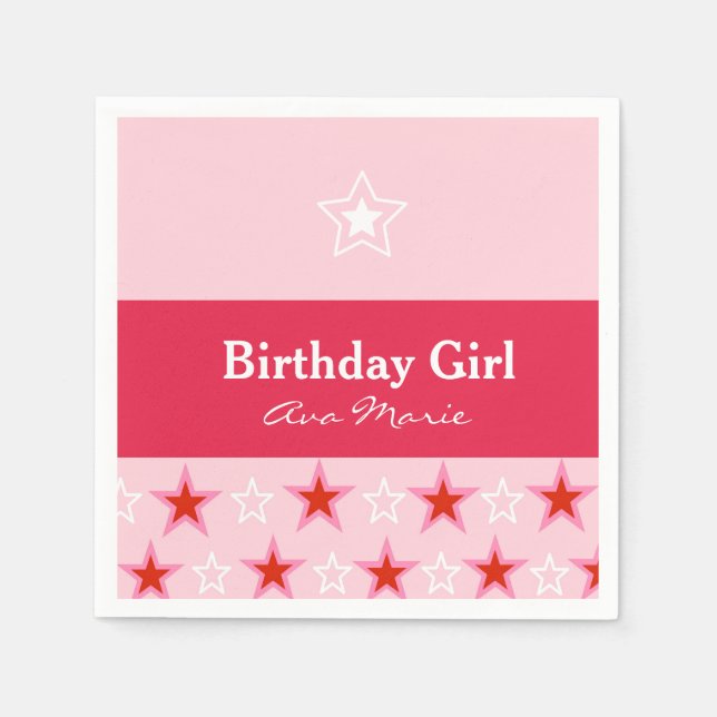 Serviette Jetable Star Birthday Girl Party, rose et rouge (Devant)