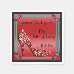 Serviette Jetable Stiletto Rouge Cadre Élégant Argent 17e Anniversai