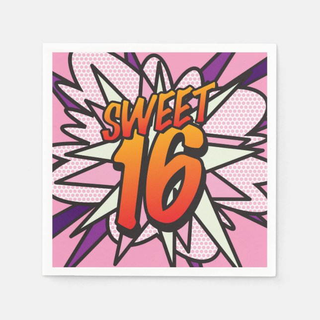 Serviette Jetable SWEET 16 Anniversaire Fun Retro Comic Book Rose (Devant)