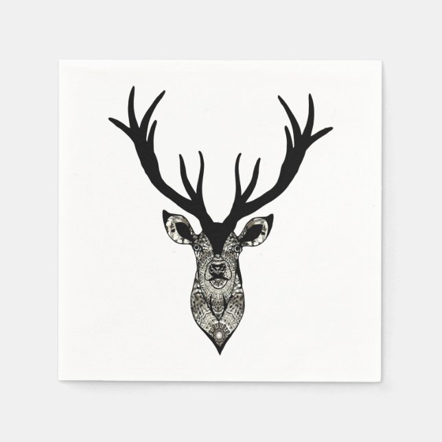 Serviette Jetable Tête de cerf mâle classique noir gris animal (Devant)