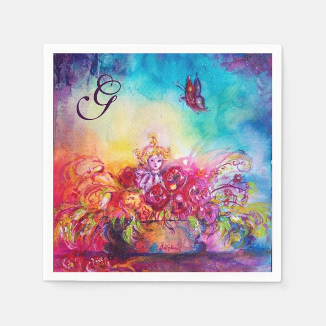 SERVIETTE JETABLE THUMBELINA, PANIER À FLEURS ET MONOGRAMME À BOUTEI (Devant)