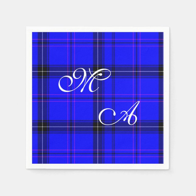 Serviette Jetable Tissu Tartan Bleu Écossais Avec Monogramme (Devant)